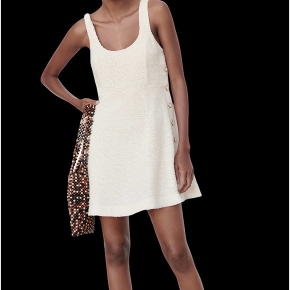 Zara NWT Off White Boucle’ Sleeveless Fully Lined Fit & Flare Mini Dress Sz. XS - Picture 3 of 16